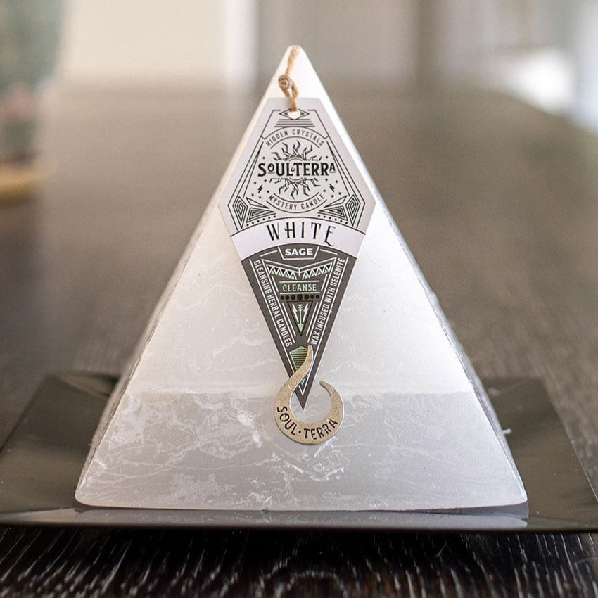 WHITE SAGE CLEANSING Mystery Pyramid Candle Crystal Candles by SoulTerra