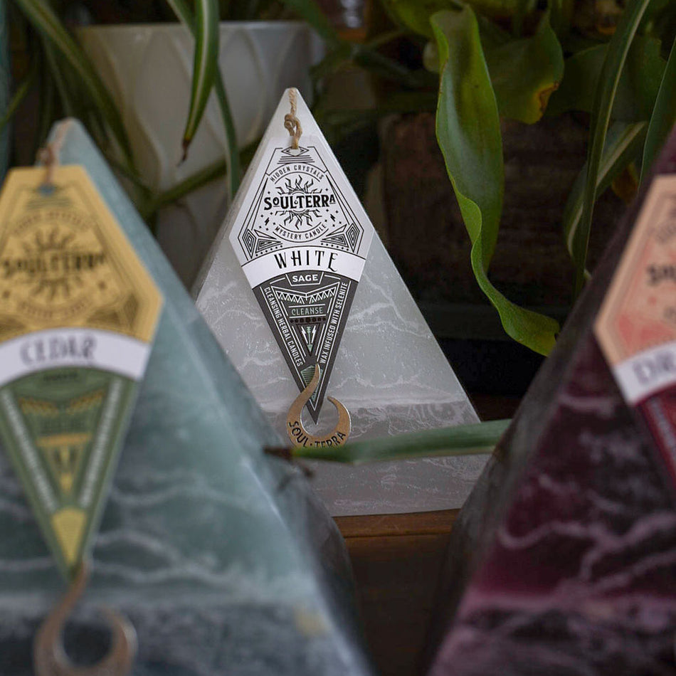 WHITE SAGE CLEANSING Mystery Pyramid Candle Crystal Candles by SoulTerra
